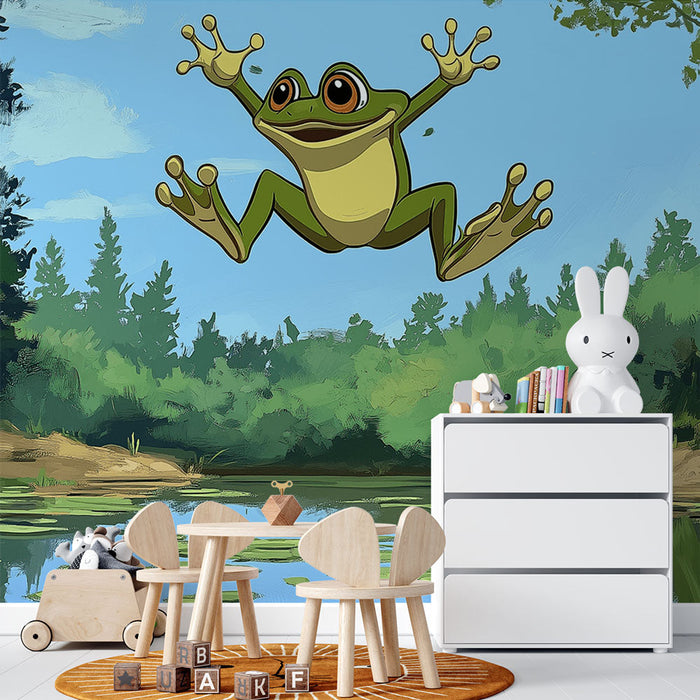 Ταπετσαρία jumping-frog | Πολύχρωμη εικονογράφηση ενός βατράχου που πηδά χαρούμενα πάνω από μια ήρεμη λίμνη