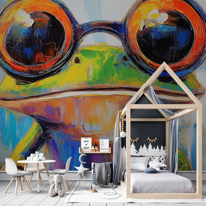 Mural Wallpaper stylish-frog | A colorful frog with retro glasses on an abstract background