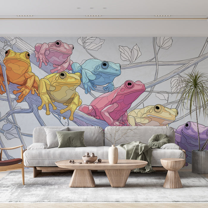 Ταπετσαρία με τοιχογραφία πολύχρωμων βατράχων | Διασκεδαστικό σχέδιο με βάτραχους σε κλαδί