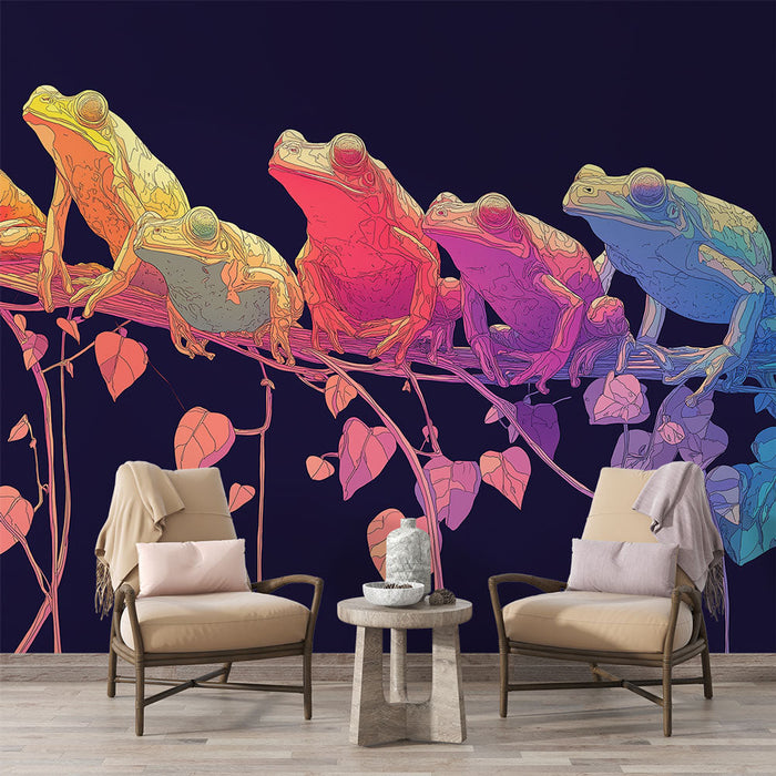 Papel de parede colorido de sapos | Seis sapos em um galho com folhas bonitas