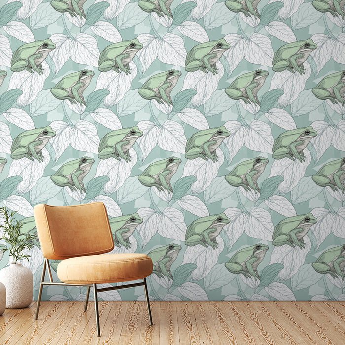 Foto Behang kikkers | Groene kikkers op een achtergrond van delicate bladeren