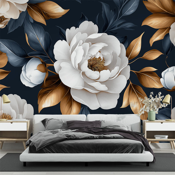 Papel de parede grande flores brancas | Ouro e azul