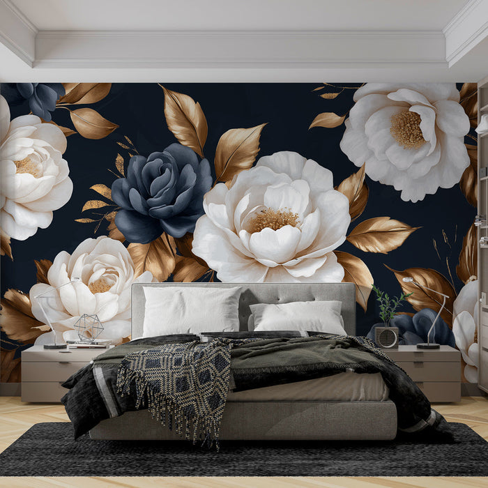 Papel de parede grande flores | Entre azul branco e dourado