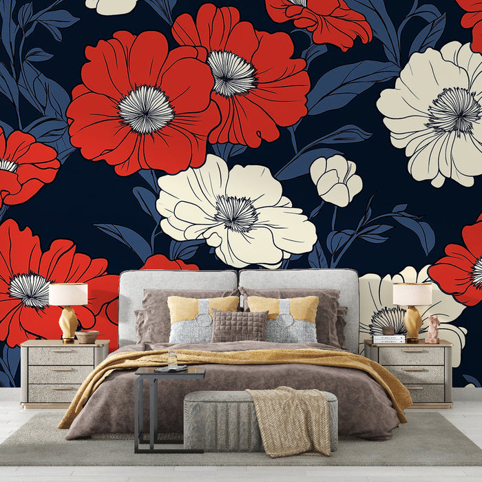 Mural Wallpaper big flowers | Intense red and navy blue