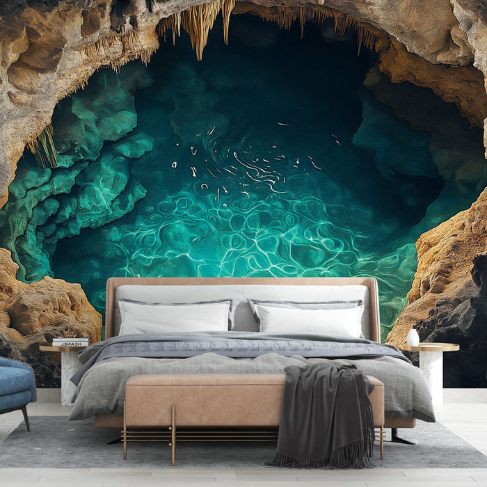 Mural Wallpaper aquatic cave | Diving into an underground lake with emerald waters