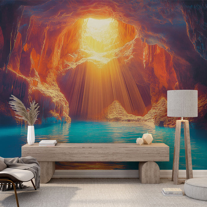 Mural Wallpaper cave | Golden light filtering through a rock formation