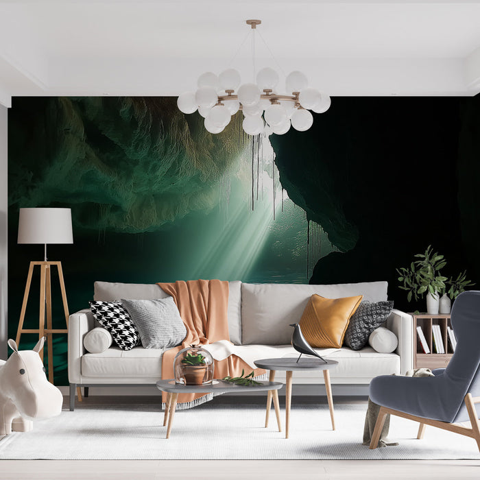 Fototapet luminous cave | Asurblå refleksjoner og lyslek i en naturlig hulrom