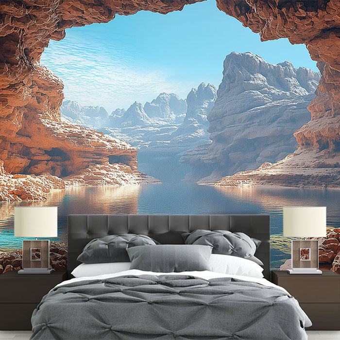 Fototapet Natural Cave | En panoramautsikt over en hule med steinformasjoner og krystallklart vann