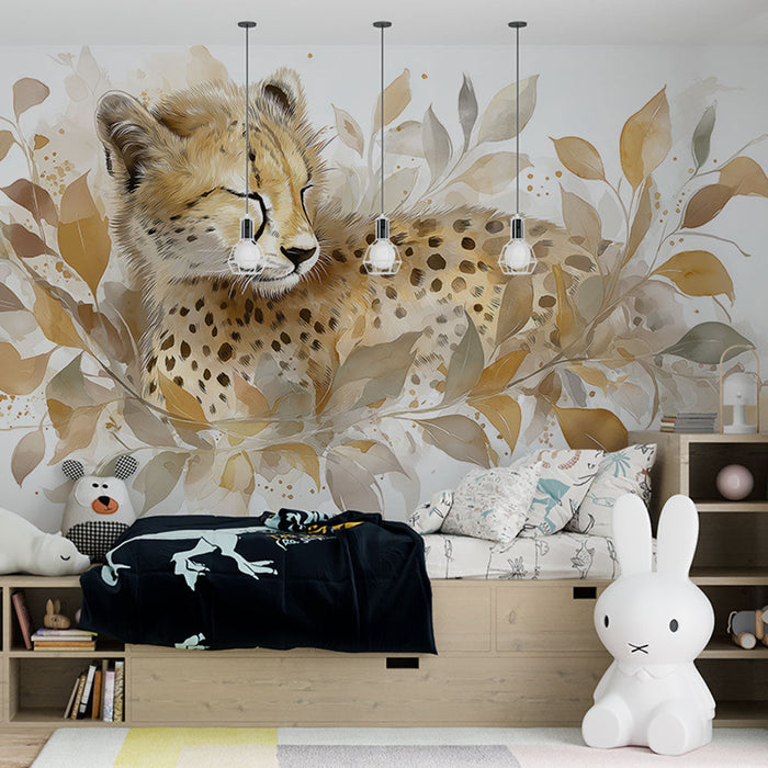 Carta da parati con ghepardo | Ghepardo elegante circondato da foglie dorate