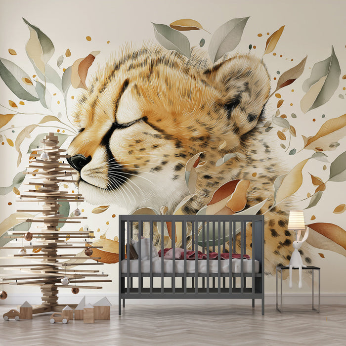 Mural Wallpaper guépard | A peaceful cheetah surrounded by delicate leaves