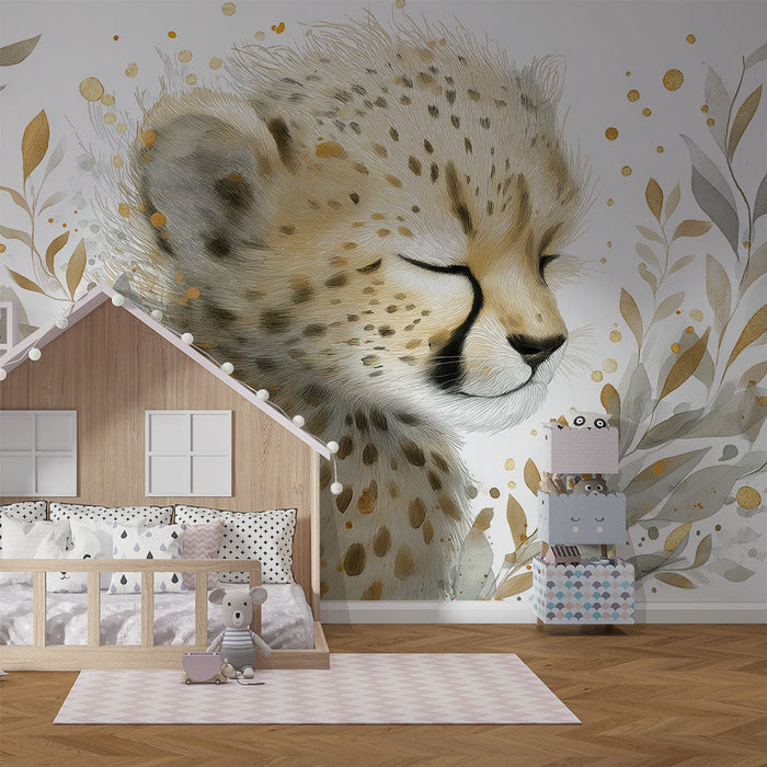 Fototapet gepard | Nežen portret geparda obdan z zlatimi listi.