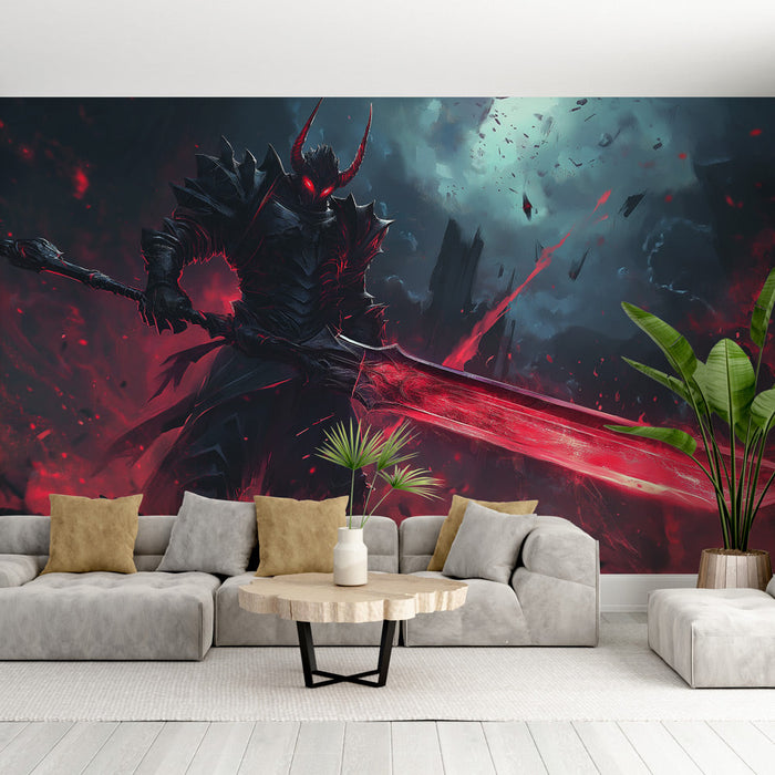Papel pintado guerrero demoníaco | Un héroe oscuro con una espada brillante