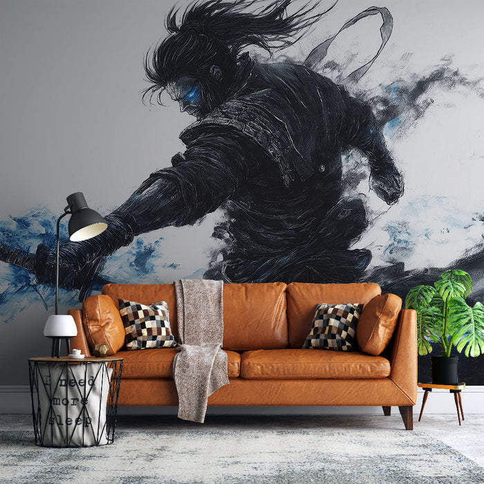 Tapete samurai warrior | Δυναμικός σαμουράι με σπαθί και μπλε ατμοσφαιρικά εφέ