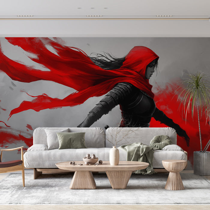 Muraaltapeet salapärane sõdalane | Naine, kes on mähitud erksasse punasesse mantlisse