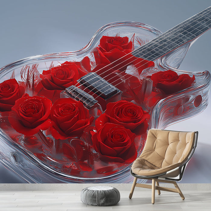 Carta da parati vetro chitarra con rose | Chitarra trasparente adornata con rose rosse brillanti