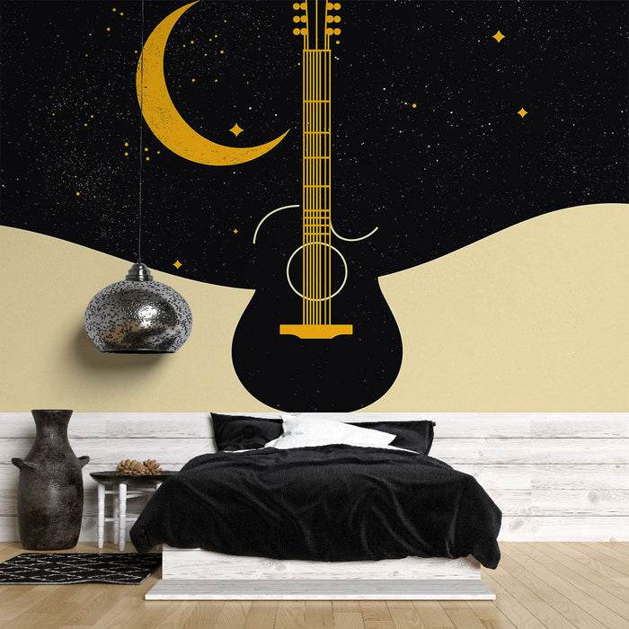 Tapeta gitara i gwieździsta noc | Artystyczna ilustracja gitary pod nocnym niebem