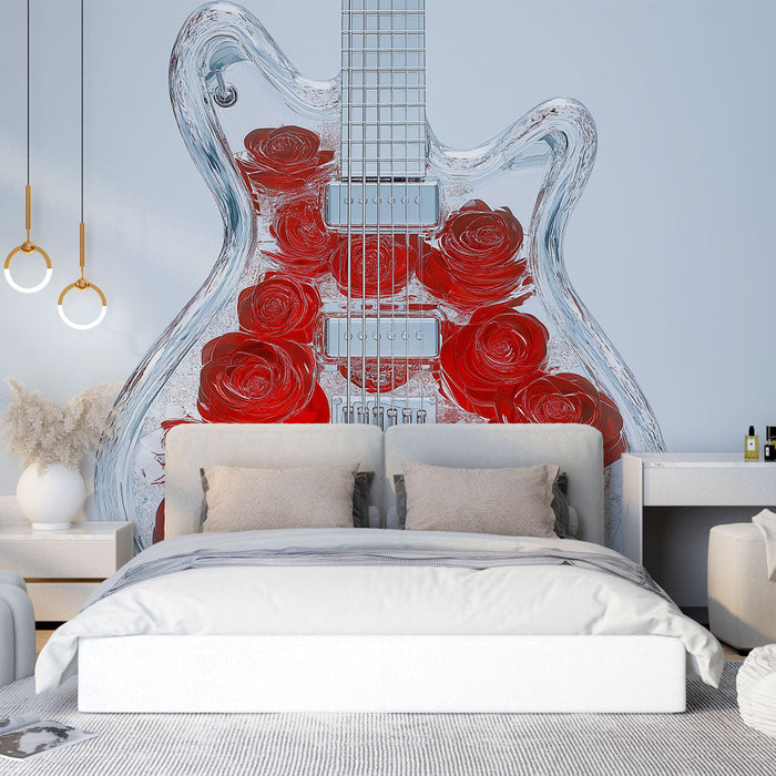 Papel pintado floral guitar | Guitarra con forma de rosa con detalles de cristal