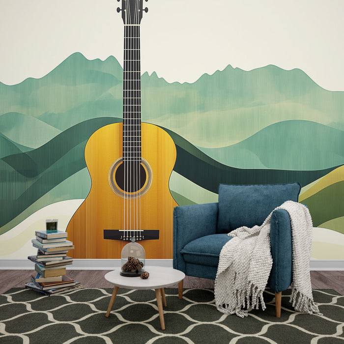 Mural Wallpaper guitar | Acoustic guitar on a background of stylized mountains