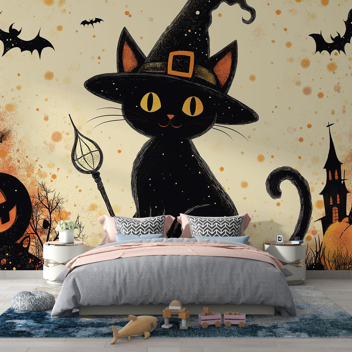 Mural Wallpaper Halloween | Black cat sorcerer among pumpkins and bats