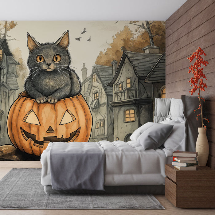 Foto Behang Halloween | Kat op een pompoen in een mysterieuze omgeving