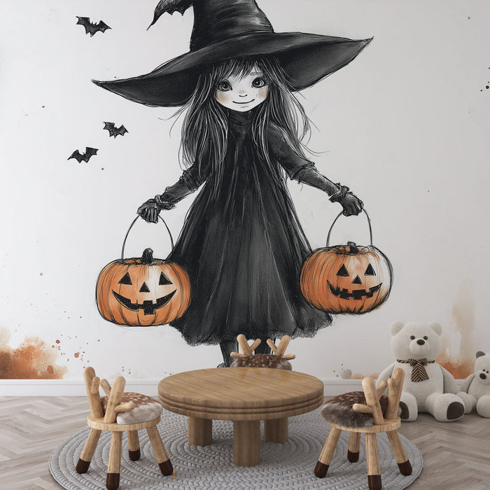 Mural Wallpaper Halloween witch | Illustration of a young witch with pumpkins