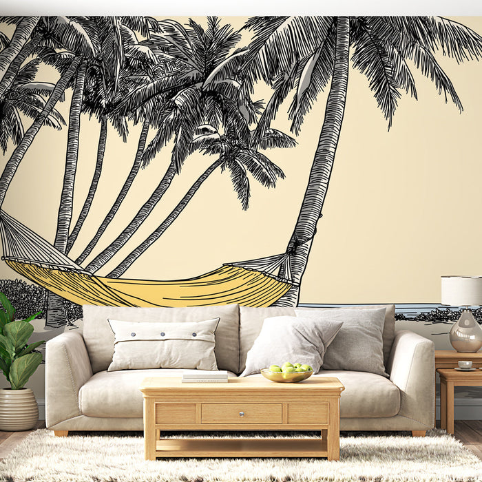 Fototapet tropska viseča mreža | Sproščujoč prizor s visečo mrežo med palmami