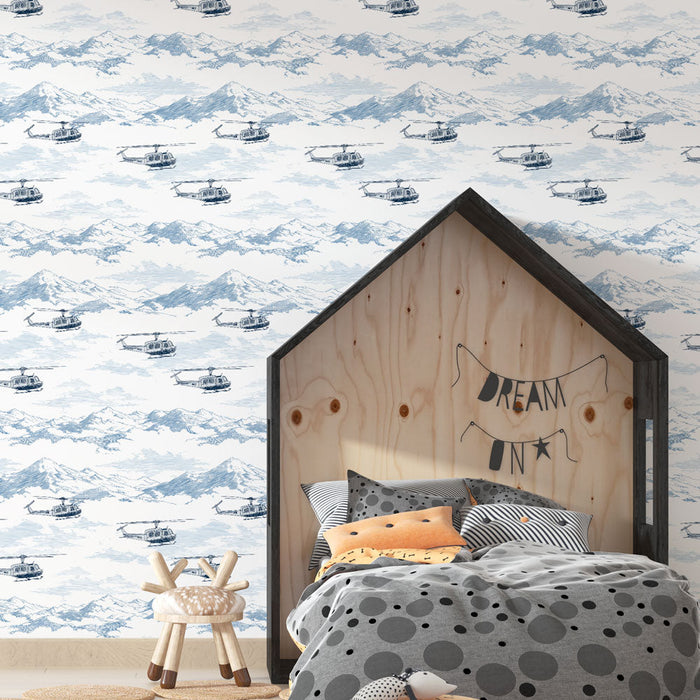 Fototapet helikopterler ve dağlar | Dağ manzaralı bir arka plan üzerinde helikopterlerin narin deseni