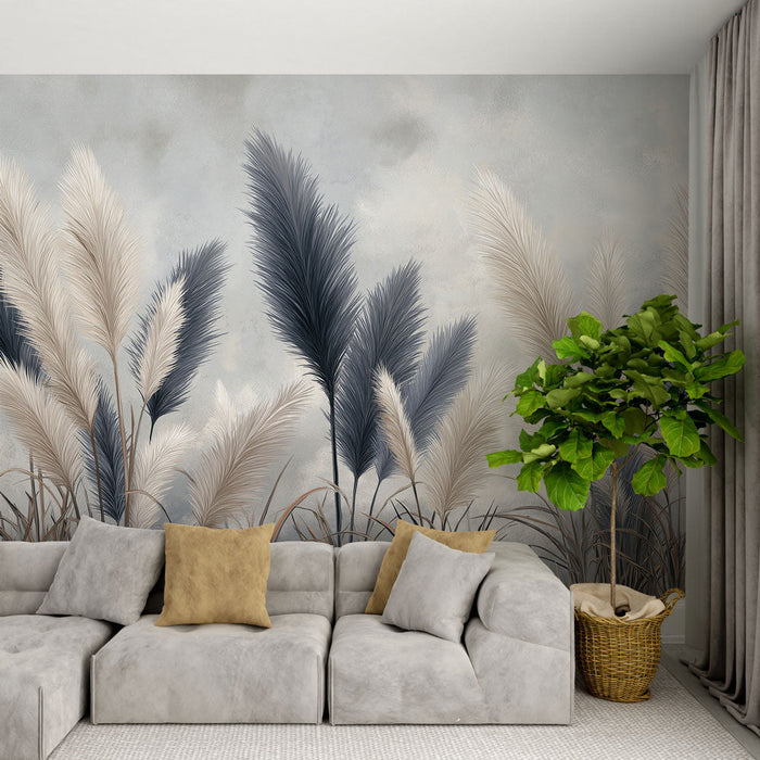 Papel pintado pampas grass | Plantas delicadas en tonos azules y cremosos sobre un fondo suave