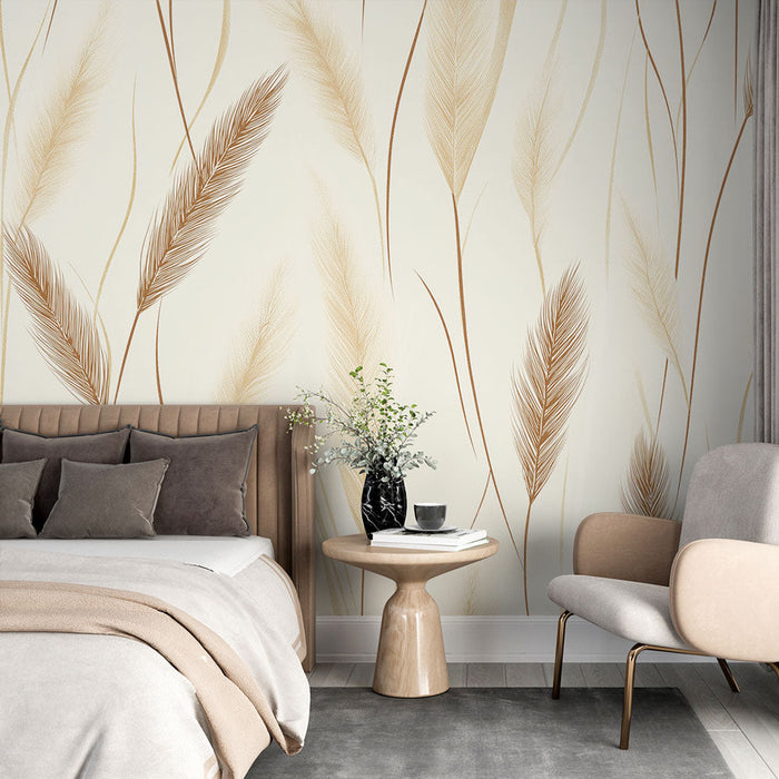 Seinapilt tapeet kuldsed kõrred | Õrnade lehtede ja varte mustrid beežides ja kuldsetes toonides