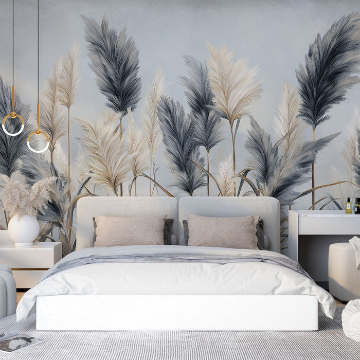 Carta da parati erba alta | Composizione di erbe in tonalità tenui di beige e grigio