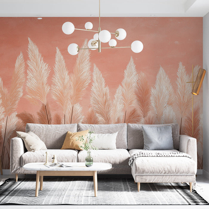 Tapetti korkea ruoho | Kukkivat kasvit pehmeällä vaaleanpunaisella taustalla