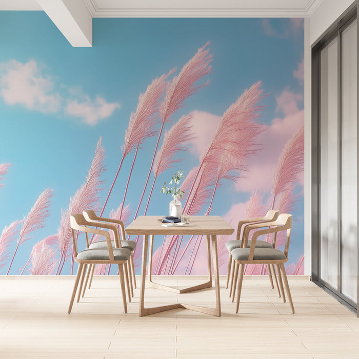 Tapéta pampafű | Puha rózsaszín tollak kék ég alatt