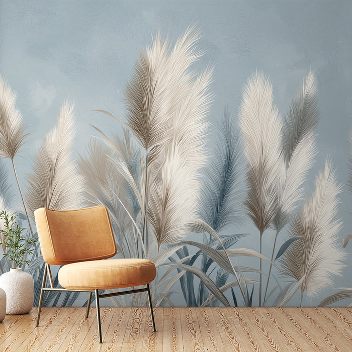 Foto Behang pampas kruiden | Elegante pampas planten op een zachte blauwe achtergrond