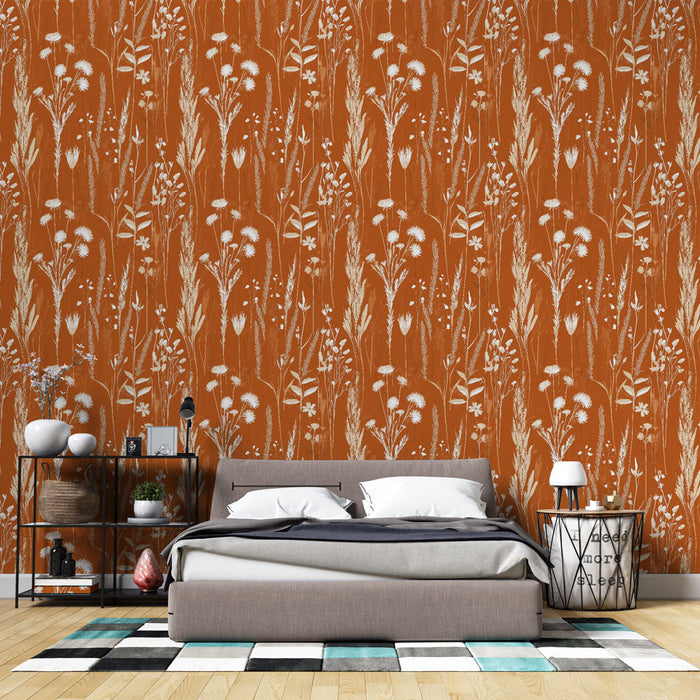 Mural Wallpaper herbier | Floral motif on terracotta background