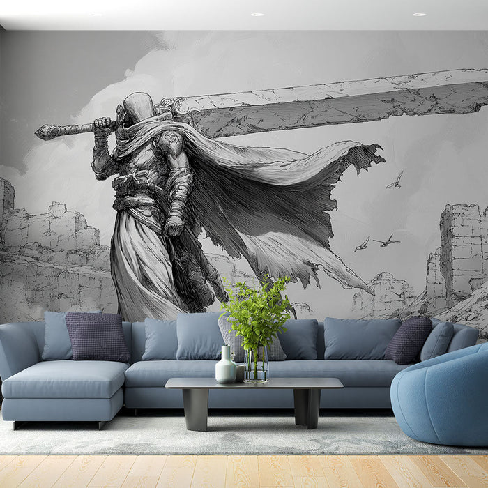 Mural Wallpaper heroic | Warrior in a post-apocalyptic landscape
