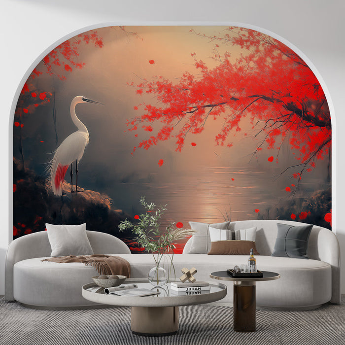 Fototapet hejre og kirsebærtræ | Et roligt landskab med en hvid hejre og røde kirsebærtræer