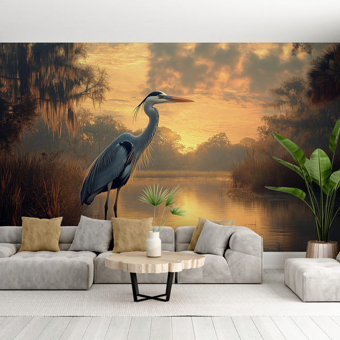 Carta da parati airone | Airone maestoso al tramonto in un paesaggio paludoso
