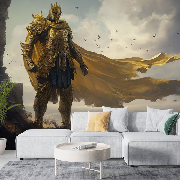 Carta da parati eroe leggendario | Guerriero in armatura dorata che domina un regno