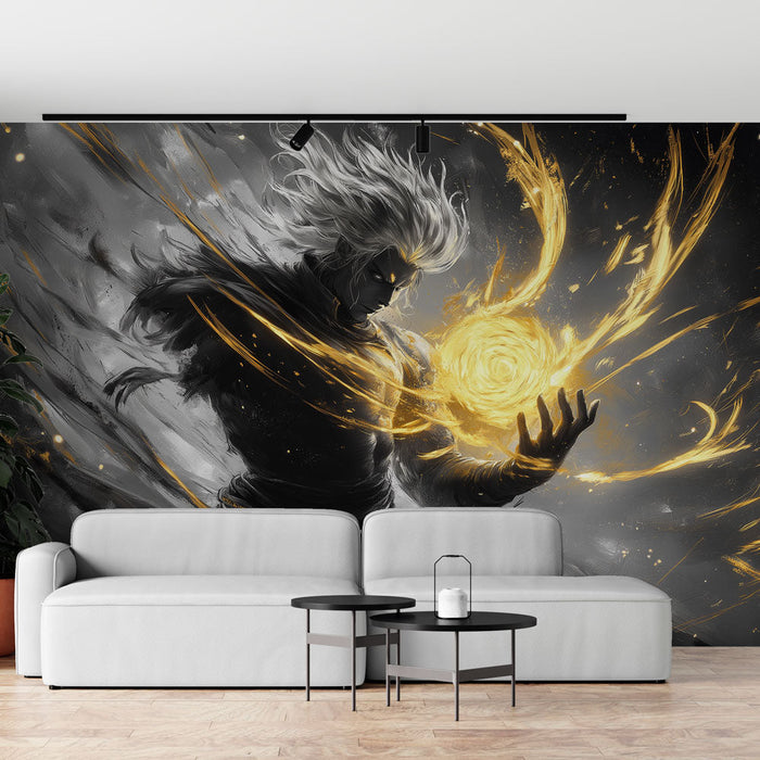 Papel pintado del héroe místico | Un poderoso mago manipulando energía dorada