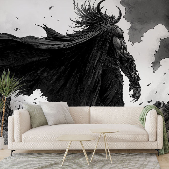 Tapete dark-hero | Ein majestätischer Krieger in einer apokalyptischen Landschaft