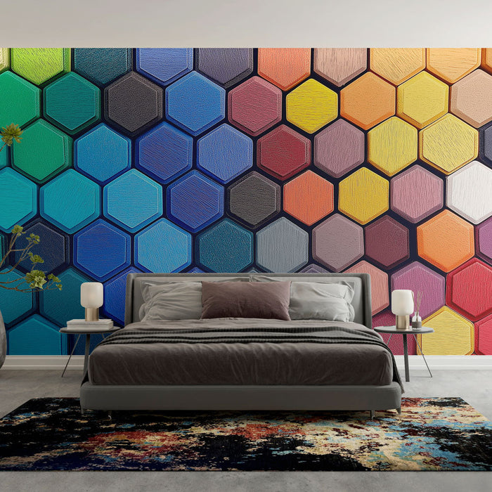 Mural Wallpaper colorful hexagons | Bright pattern of multicolored hexagons