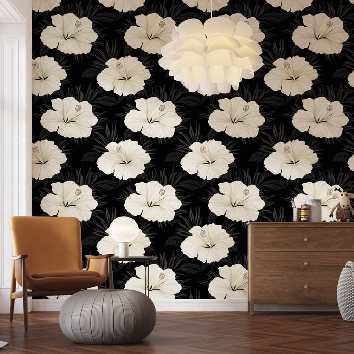 Foto Behang hibiscus blanc | Elegante witte bloemen op een zwarte achtergrond