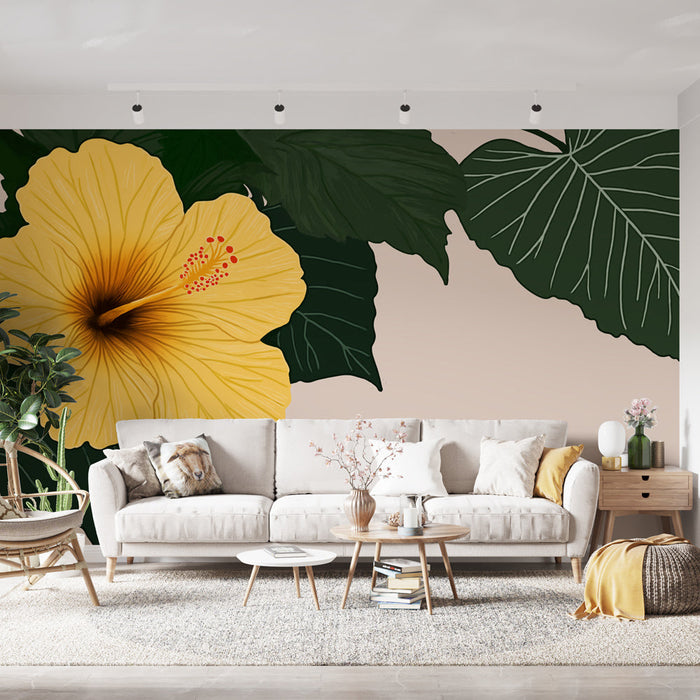 Sárga hibiszkusz tapéta | Hibiszkusz virág buja lombozattal körülvéve