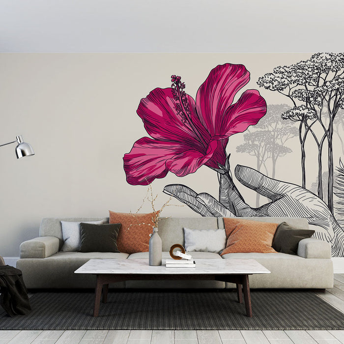 Papel de parede mural hibisco | Mão delicada segurando uma flor vibrante em um fundo suave