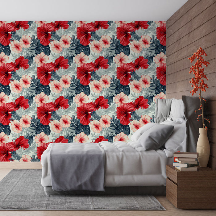 Mural Wallpaper hibiscus | Red and pink hibiscus flower motif with lush foliage