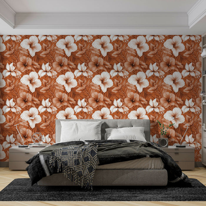 Foto Behang hibiscus | Bloemenpatroon in bruine en witte tinten op een warme achtergrond