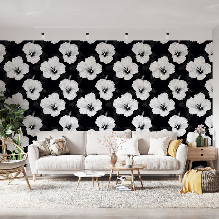 Mural Wallpaper hibiscus black and white | Elegant floral pattern on dark background