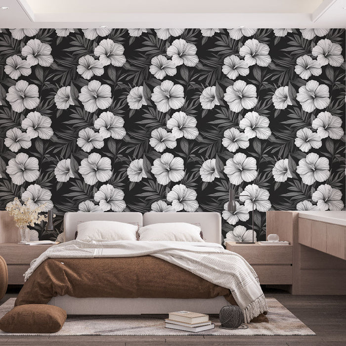 Mural Wallpaper hibiscus black and white | Elegant floral patterns with dark background