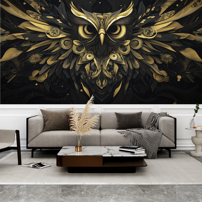 Carta da parati gufo dorato | Motivo artistico nero e oro con un gufo stilizzato