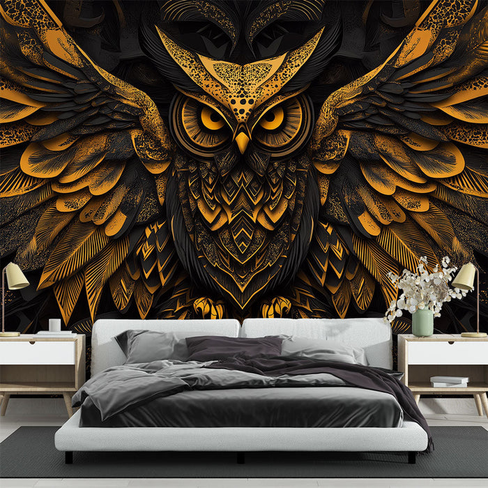 Fototapet altın baykuş | Altın ve siyah tüyleri olan muhteşem bir baykuşun zarif deseni